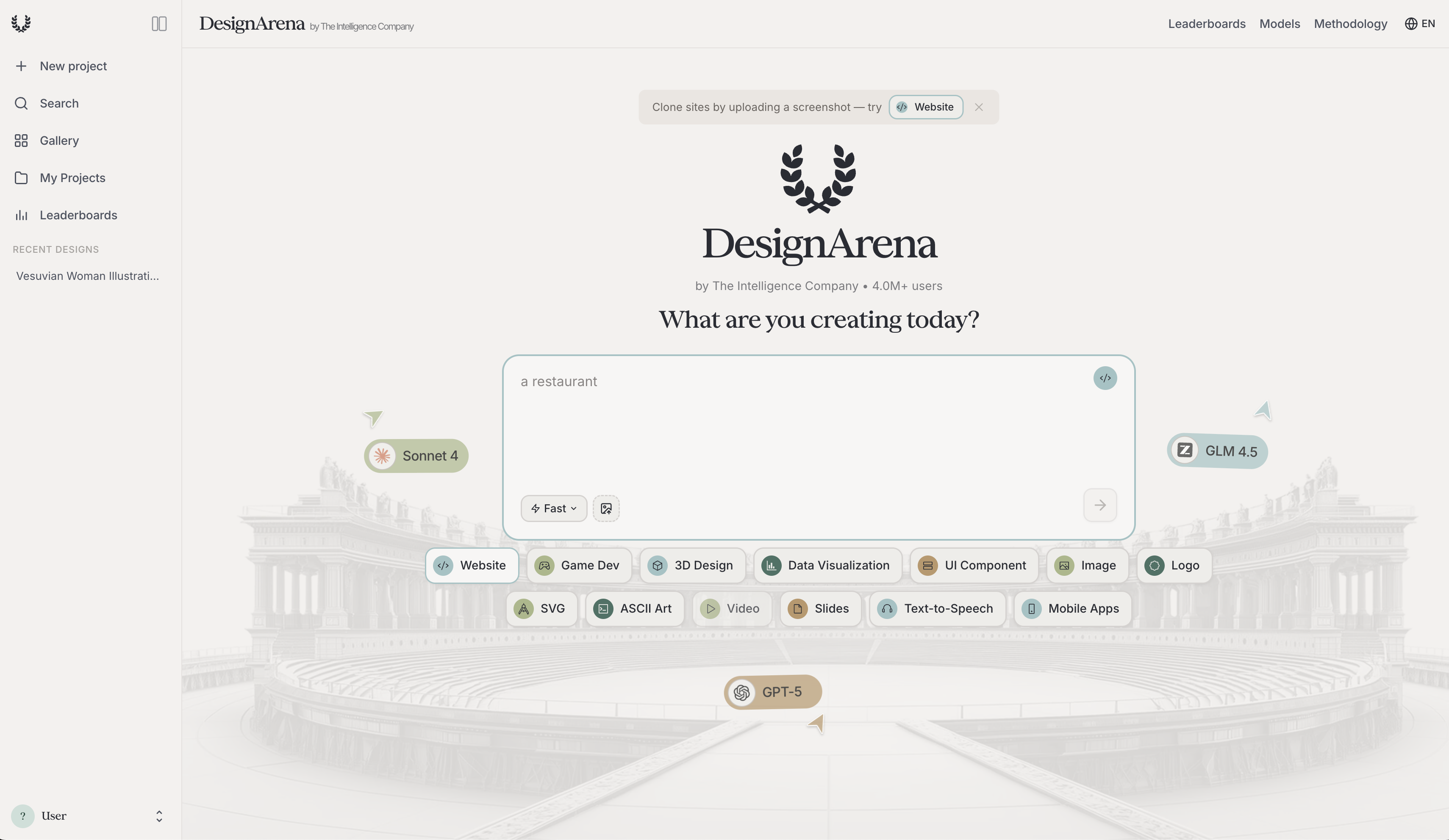 Screenshot of Design Arena